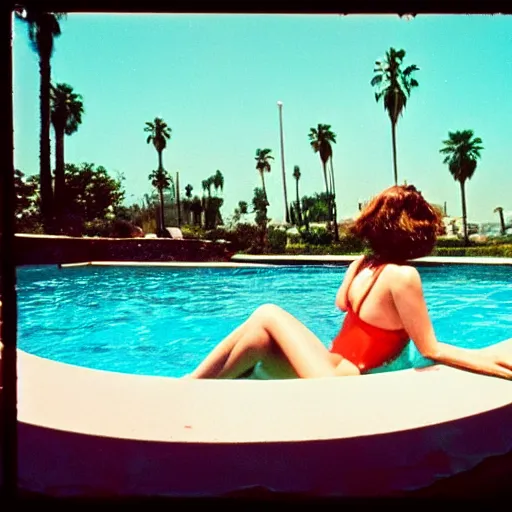 Prompt: one woman in the pool, another women under water, film camera style, la piscine 1 9 6 9 film aesthetics, 1 9 7 0 s, los angeles landscape on the background, evening,