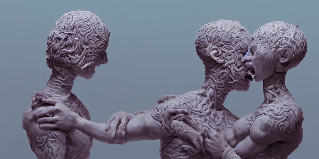 Prompt: roman sculpture of intertwined bodies with screaming faces painted in pastel colors by James Jean and Tooth Wu and wlop and beeple and greg rutkowski and nekroxiii. octane render, cinematic, hyper realism, octane render, 8k, depth of field, bokeh. iridescent accents. vibrant.