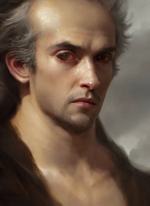 Image similar to a beautiful closeup shot from a fantasy film of a humanoid ferret with golden eyes wearing a loose tunic. portrait. joseph ducreux, greg rutkowski.