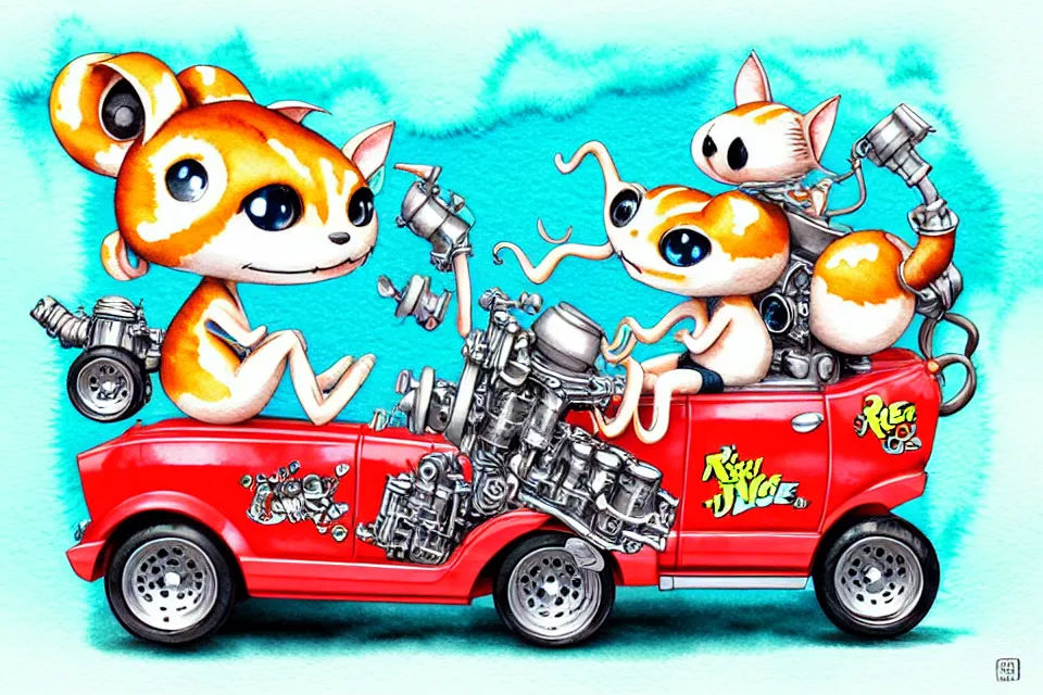 Image similar to cute and funny, margay riding in a tiny street rod with oversized engine, ratfink style by ed roth, centered award winning watercolor pen illustration, isometric illustration by chihiro iwasaki, edited by range murata, tiny details by artgerm and watercolor girl, symmetrically isometrically centered