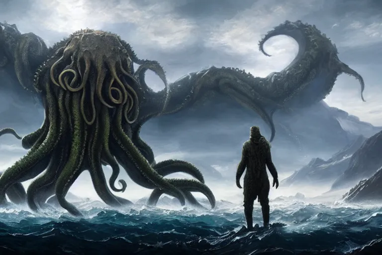 Image similar to giant Cthulhu, photorealistic, long shot, epic, horizon mountain over water by Andree Wallin