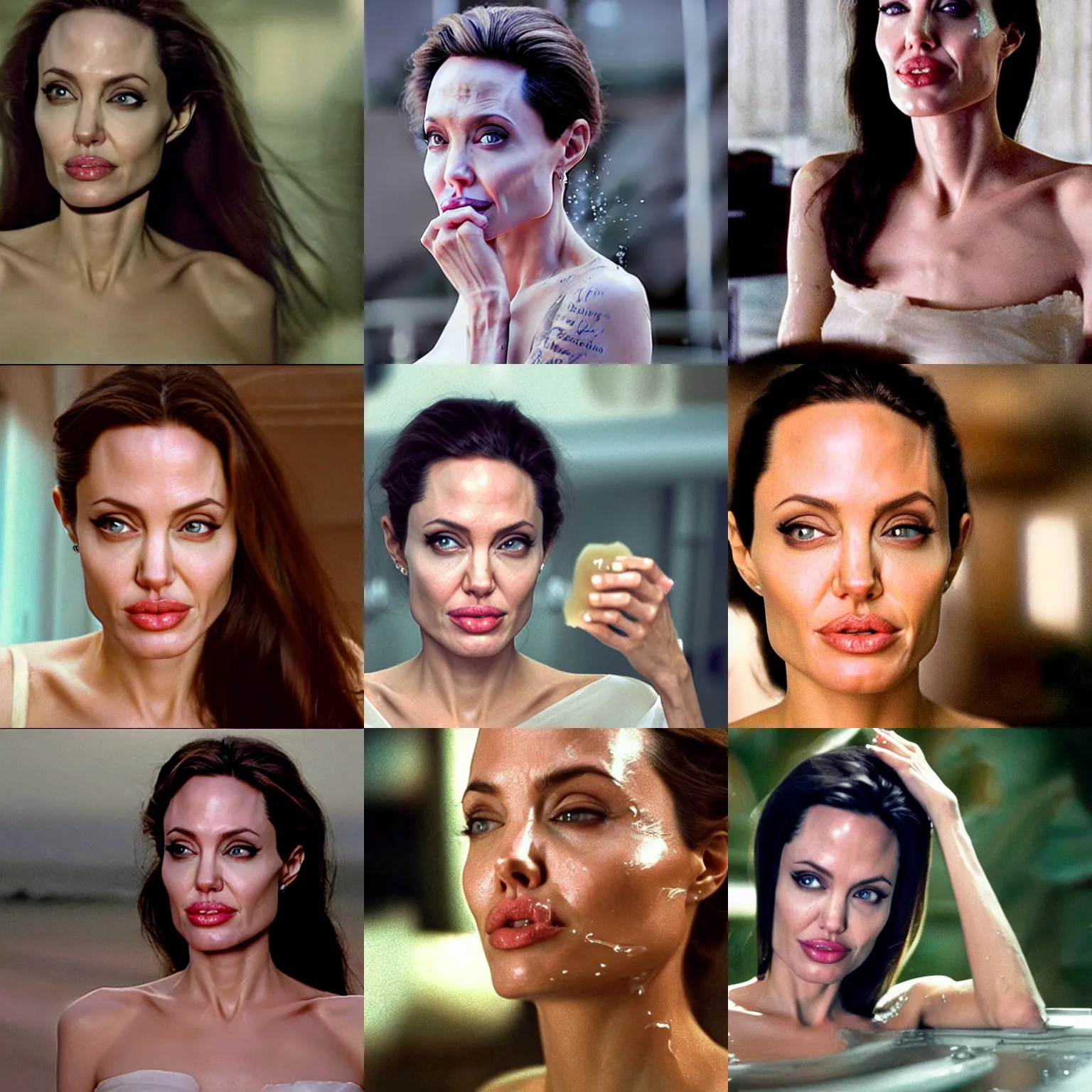 Prompt: a cinematic film still of angelina jolie, with a whitish, sticky liquid that has a jelly - like texture that is dripping off of her face. viscous, her face is coated in a whitish, sticky liquid that has a jelly - like texture. her faceis coated in a whitish jelly - like liquid 2 0 2 2