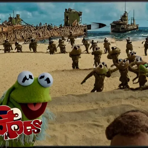 Image similar to screenshot of the muppets beach battle in world war 2 movie saving private muppets d-day W 1024