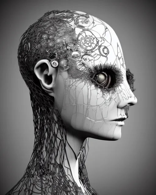 Image similar to black and white dreamy foggy smoky profile face portrait, one silver steampunk realistic eye biomechanical beautiful young female cyclope - cyborg - robot bust, body ribs meshes,, volumetric light, hibiscus flowers, by hg giger, rim light, by dora maar and cecile beaton, big gothic fashion pearl embroidered collar, 8 k