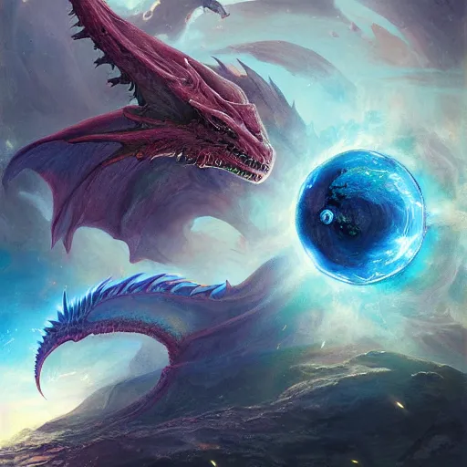 Prompt: Chrystalline blue dragon devouring a planet, space, sun system, nebula, oil painting, by Fernanda Suarez and Edgar Maxence and Greg Rutkowski