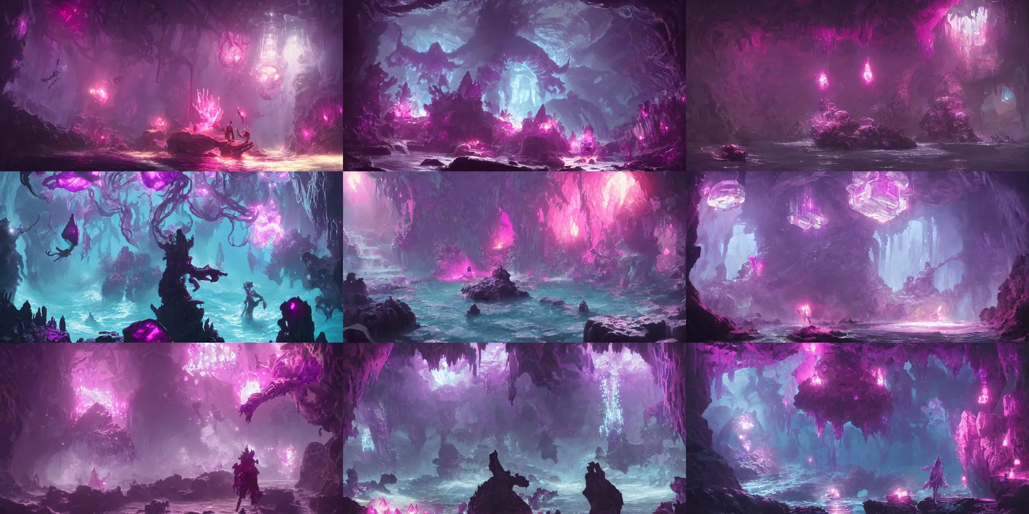 Prompt: crystal defender, d & d 5 e, bright pink purple lights, underwater, watery caverns, art by greg rutkowski