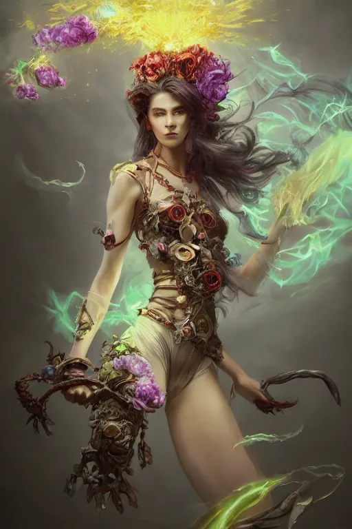 Prompt: beautiful girl necromancer, witch - doctor exploding into flowers fire crystal dress, angels, 3 d render, hyper - realistic detailed portrait, holding fire and electricity, ruan jia, wlop. scifi, fantasy, magic the gathering, hyper detailed, octane render, concept art by artgerm, peter mohrbacher