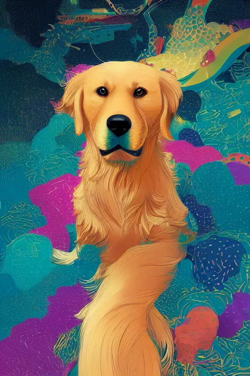 Prompt: Adorably cute Golden retriever portrait, artstation winner by Victo Ngai, Kilian Eng and by Jake Parker, vibrant colors, winning-award masterpiece, fantastically gaudy, aesthetic octane render, 8K HD Resolution