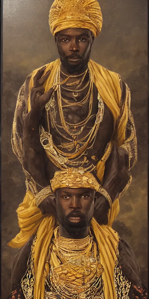 Image similar to a stunning and noble highly detailed romantic period style portrait of mansa musa by josep tapiro baro and harles sillem lidderdale, trending on artstation, oil painting masterpiece, symmetry, rule of thirds, mysterious, photorealistic, very very very aesthetic, african iconography