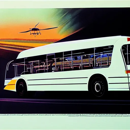 Image similar to concept art for bus + helicopter, painted by syd mead, high quality