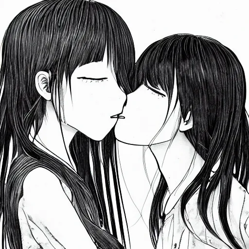 Image similar to portrait of two girls kissing, detailed manga art