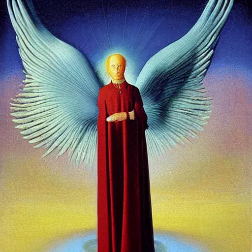 Prompt: Portrait of an elegant cosmic robotic angel. Painting by Jan van Eyck, Audubon, Rene Magritte, Agnes Pelton, Max Ernst, Walton Ford