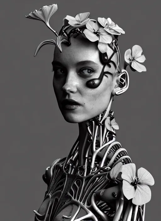 Image similar to monochrome 3 d model, biomechanical beautiful young female cyborg with porcelain profile face and a big floral eye, volumetric light, leaves foliage and stems, hibiscus flowers, boho floral vines, sinuous fine roots, fine foliage lace, alexander mcqueen, rim light, big gothic fashion pearl embroidered collar, steampunk, octane render, 8 k