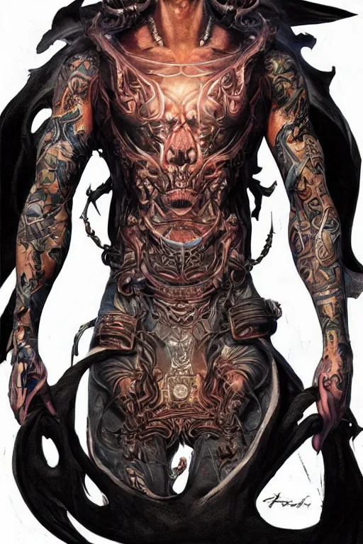 Prompt: Portrait of frontal standing pose torso of a very attractive man heavily all his skin is covered by BIKER tattoos, surrounded by magic lightings overlays, Intricate, concept art, magic lighting overlays, magical portal opened, D&D!, fantasy style, sharp focus!, ultra detailed, art by Artgerm and Peter Andrew Jones, WLUP, Magali Villeneuve