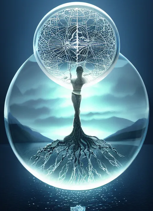 Image similar to transparent horizontally centered crystal sphere floating over a serene lake, tree of life inside the ball, intricate details, radiant light, reflections on the water, ripples, moody sky, hyperdetailed illustration by yuumei, by mark brooks, john harris, artstation, low global light, coherent composition