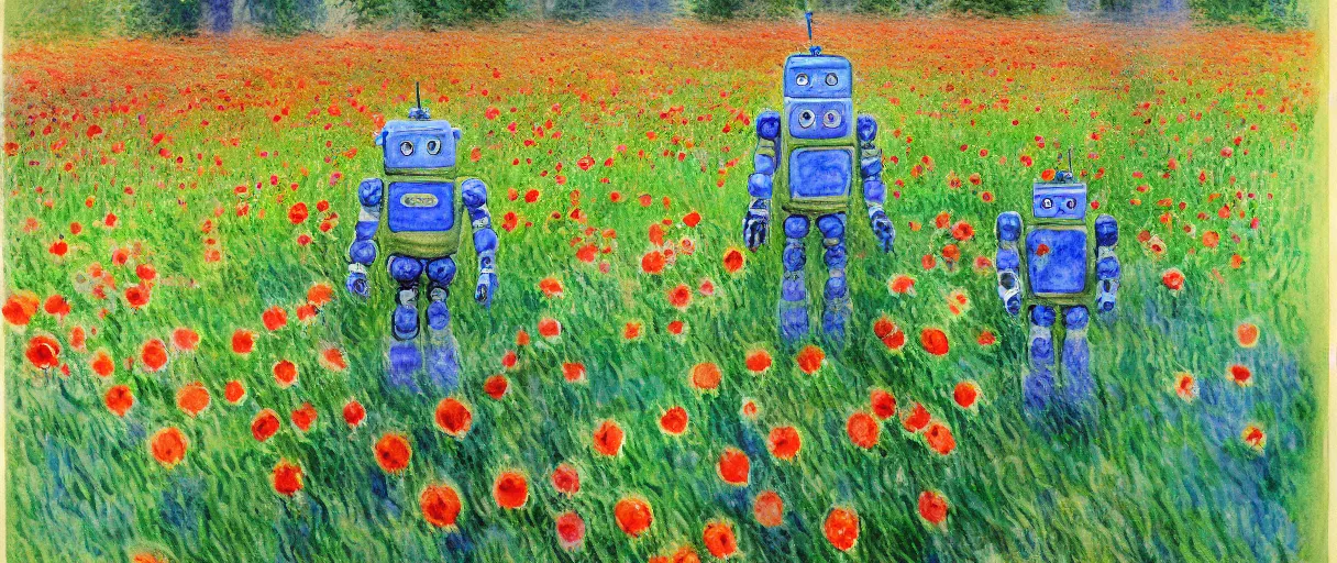 Image similar to a robot standing on flower garden looking small with many kinds flower arround him, watercolor art, 1 8 8 0 s, calude monet style, colorfule, hd, uhd