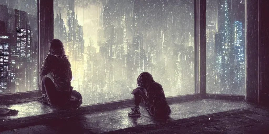 Prompt: sad girl sitting by the window, cyberpunk, accurate features, focus, very intricate ultrafine details, masterpiece, 8 k hd, realistic shaded lighting, detailed render, detailed backgrounds, epic composition, soft neon lights, rain
