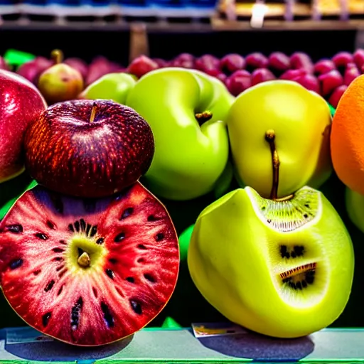 Image similar to uhd photorealistic half eaten and molded fruit on display at a produce stand, uhd hyperdetailed photography