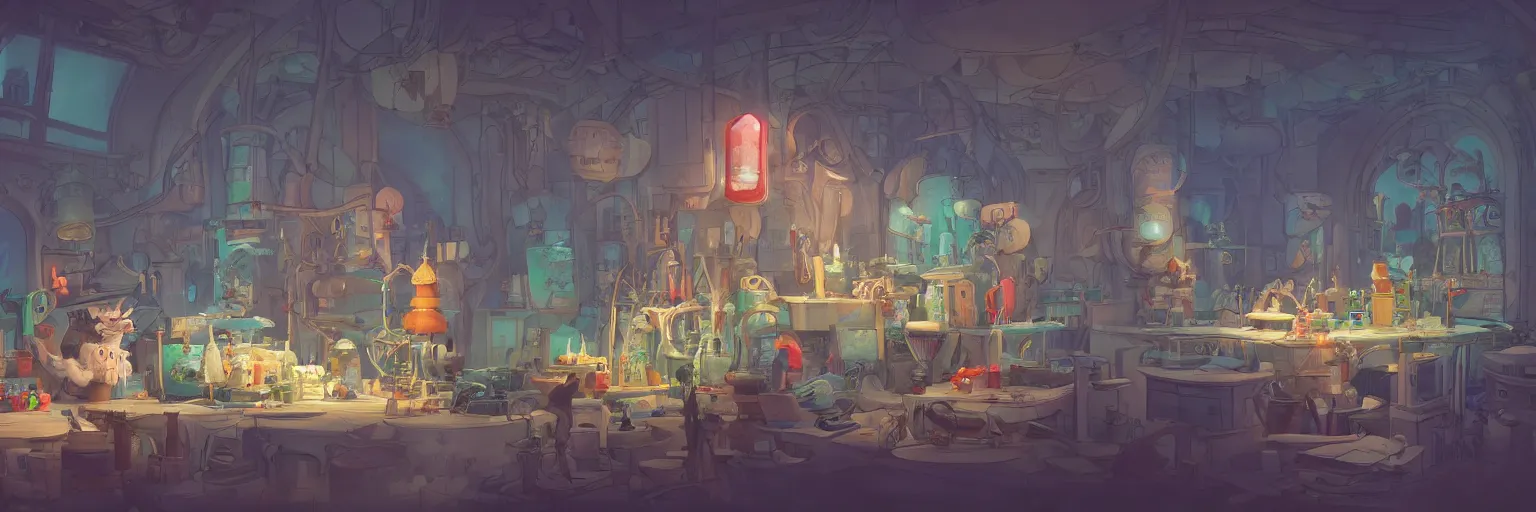 Image similar to 4K concept art of a wizards laboratory, digital art by Dr Seuss, animated by Studio ghibli, masterpiece trending on artstation, ultrafine detail, ray tracing by Nvidia, demonstration for QLED displays, award winning panoramic concept art with stunning detail