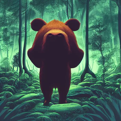 Prompt: capybara monster creature in a dark forest, disturbing horror capybara, trending on artstation, by dan mumford, octane render, anime style