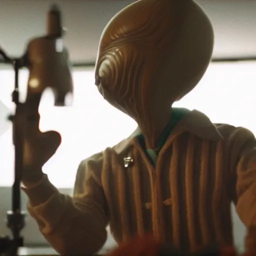 Image similar to cinematic film still of Pharrell Williams Making A Beat with an anthropomorphic alien, Japanese VFX, 2018, 400mm lens, f1.8, shallow depth of field,film photography