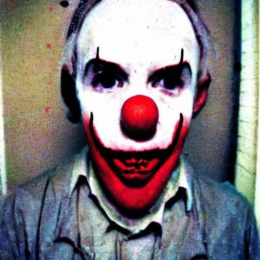 Prompt: grunge disposable camera photo of a sad clown | horror | nightmare