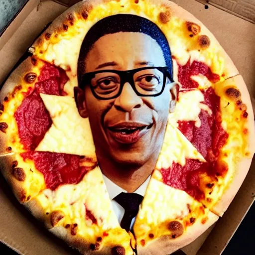 Prompt: a photo of a gus fring face made of cheese in a pizza, food photo, professional food photo, iphone, 4 k