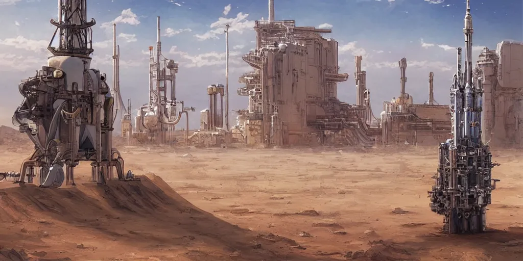 Prompt: anime spaceport rocket launch site in desert steampunk key by greg rutkowski ultrahd fantastic details