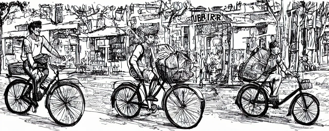 Image similar to beautiful detailed comic illustration of a uber eats delivery guy on a bicycle, colored