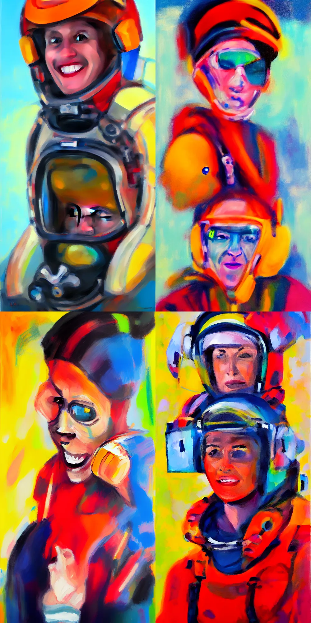 Prompt: a painterly, vibrant, expressive portrait of a slightly crazy female test pilot,