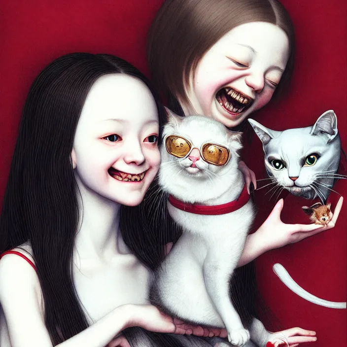 Image similar to renaissance portrait of the mischievous vampire girl loner smiling at her cat, by katsuhiro otomo, and artgerm rendered with 3 d effect.