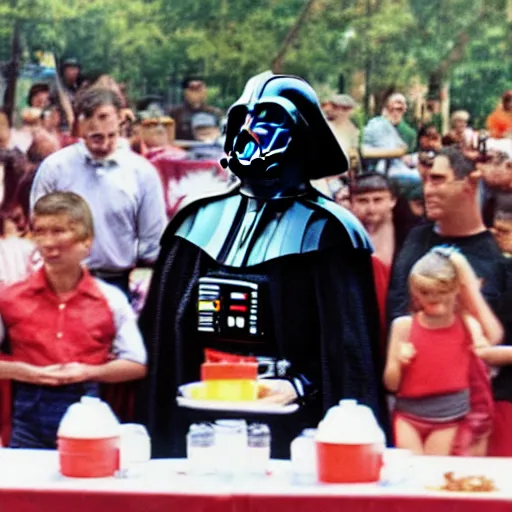 Prompt: Darth Vader in a hot dog eating contest