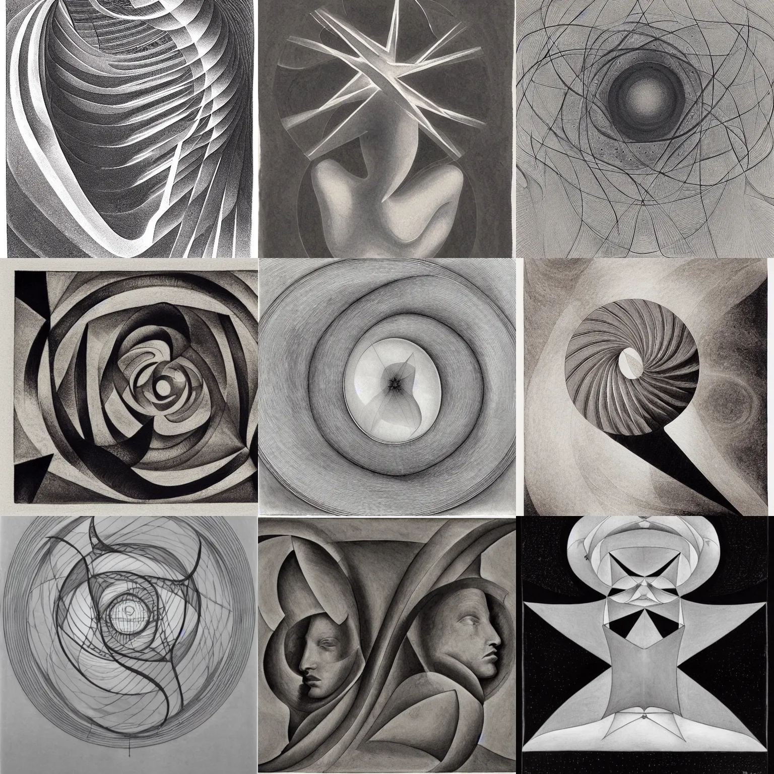Prompt: tranquility of the endless stars, classical sculpture, ink wash, by Philip Geiger, by Naum Gabo, ink on canvas, by M.C. Escher, detailed, cool tones