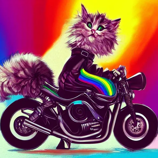 Image similar to wide angle full body, jacket wearing fluffy cute rainbow kitten wearing a black leather motorcycle jacket, riding on a motorcycle, cinematic concept art