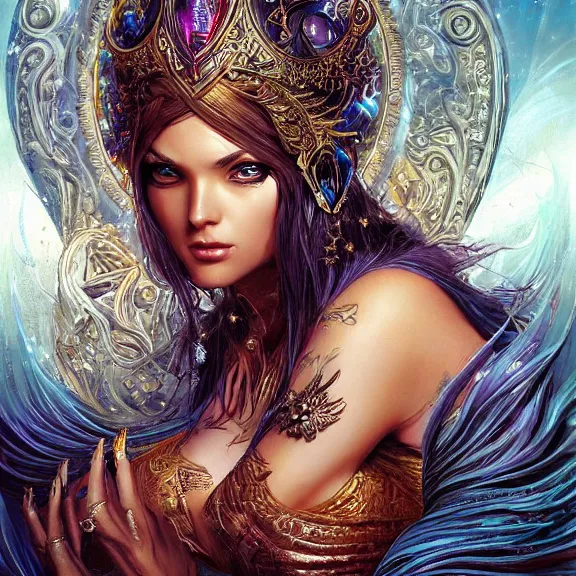 Image similar to a highly detailed painting of a sorceress with piercing beautiful eyes, mystical temple setting, dynamic lighting, ambient lighting, deviantart, art by artgerm and karol bak and mark brooks