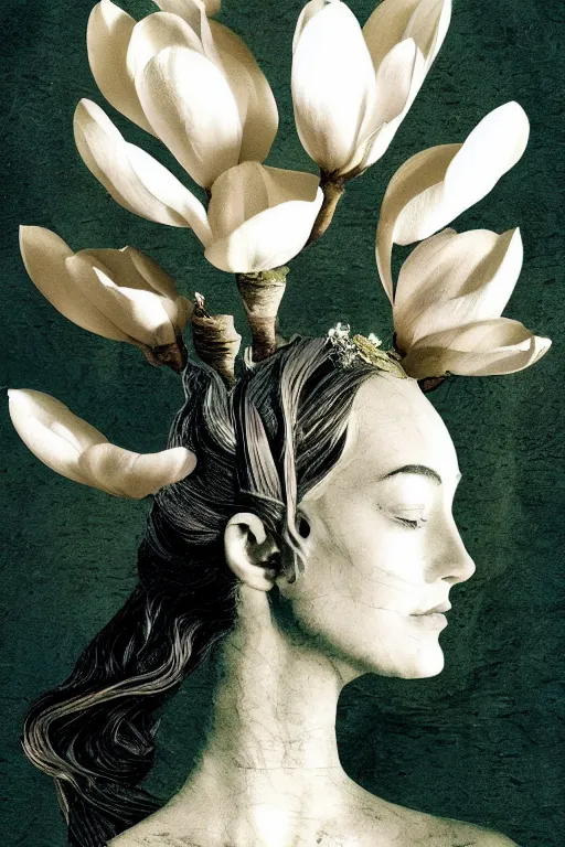 Prompt: a goddess of magnolia a queen of the garden, meditating! with a beautiful symmetrical face!!! cinematic lightning, isolated, studio lighting by dave mckean