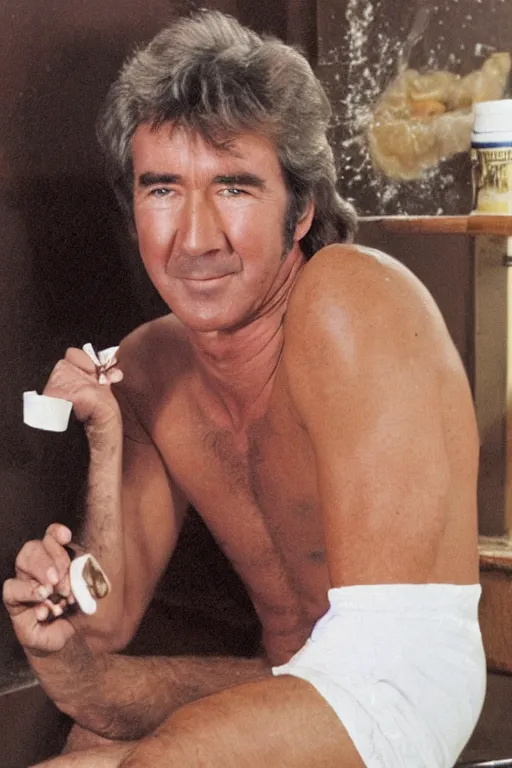 Prompt: randy mantooth in white underpants, holding melted chocolate, sitting in a dirty toilet