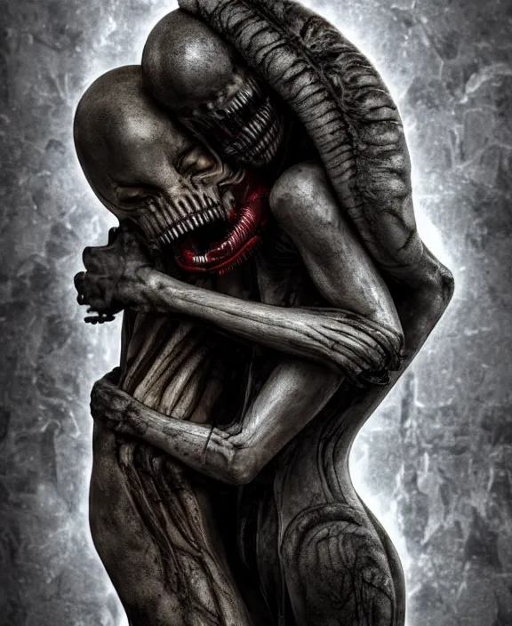 Image similar to xenomorph hugging pale sad beauty merging, dark mist colors, giger background liminal void, digital art, cinematic lighting, realistic, award winning photograph, various refining methods, micro macro autofocus