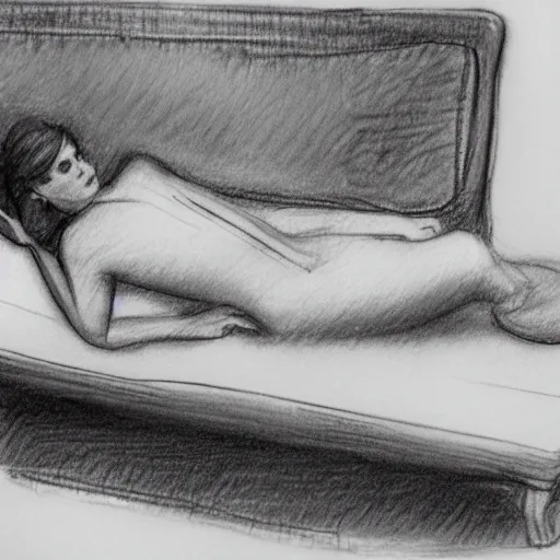 Prompt: Pencil sketch of Rose from Titanic laying on a couch in a provocative pose