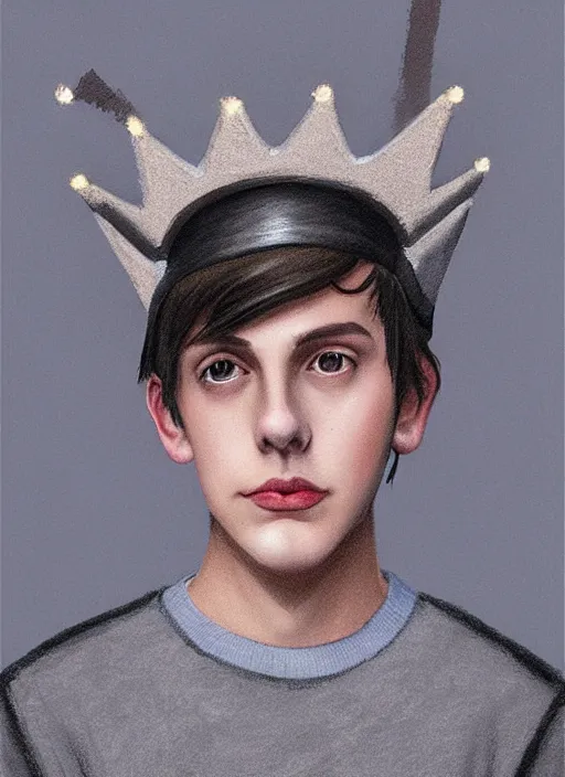 Image similar to portrait of teenage jughead jones wearing a light grey crown, photorealistic, crown, eyes closed, crown, black hair, sweater with letter s on it, letter s, intricate, elegant, glowing lights, highly detailed, digital painting, artstation, concept art, smooth, sharp focus, illustration, art by wlop, mars ravelo and greg rutkowski