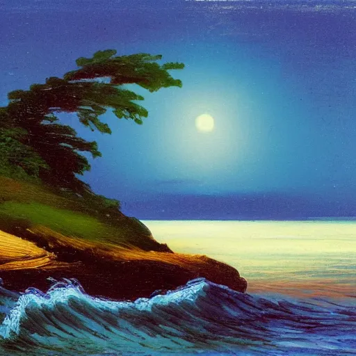 Image similar to midnight shores of the lighthouse island, bob Ross