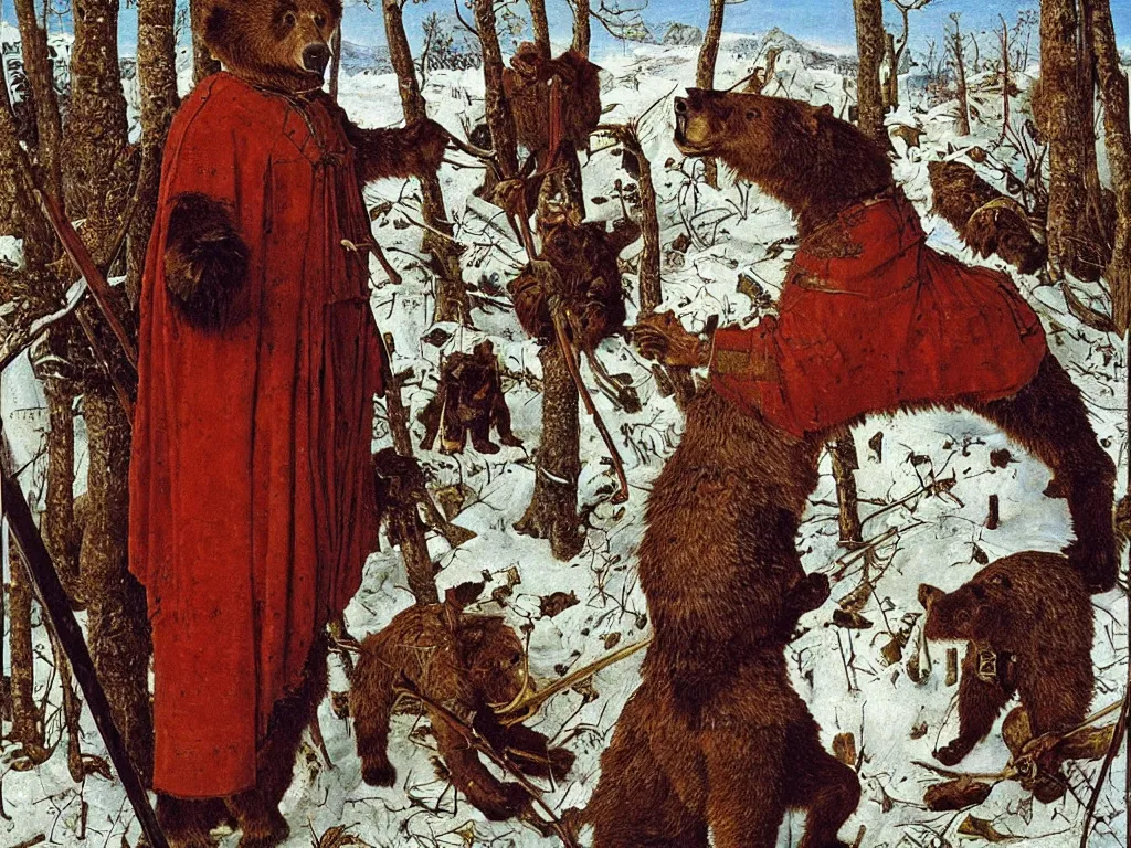 Image similar to siberian bear - hunting armour. painting by jan van eyck