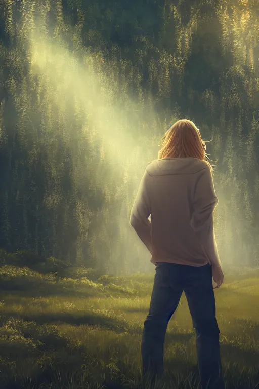 Image similar to pretty young man with long golden blond hair made of gold, demure, slender, back view, lost, trees, detailed forest background, webtoon, breathtaking scenery, colourful, 8 k, graphic novel, digital art trending on artstation, volumetric lighting, octane render, cinematic, hyper detailed, magical atmosphere, magical forest, ghibli