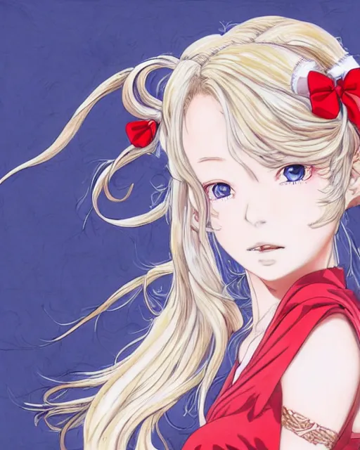 Image similar to illustration of a blonde twintails hair with ribbons anime girl with red eyes in the style of studio ghibli, ayami kojima, akihiko yoshida and 90's anime