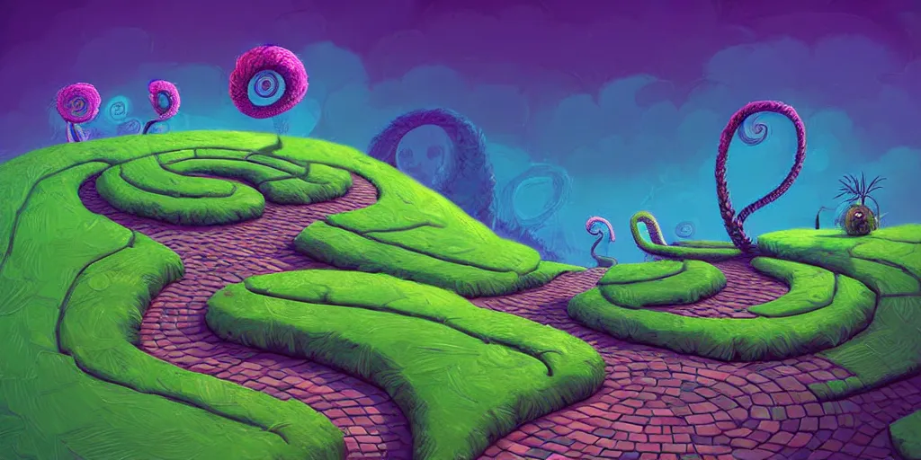 Image similar to dark tones, curled perspective digital art of spiral clouds cobblestone street with wildflowers top of a hill with spiral palmtrees by anton fadeev from nightmare before christmas. horton hears a who!