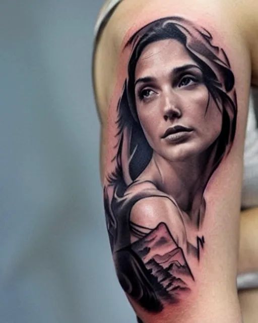 Image similar to creative double exposure effect tattoo design sketch of beautiful gal gadot faded with beautiful mountain scenery, realism tattoo, in the style of matteo pasqualin, amazing detail, sharp