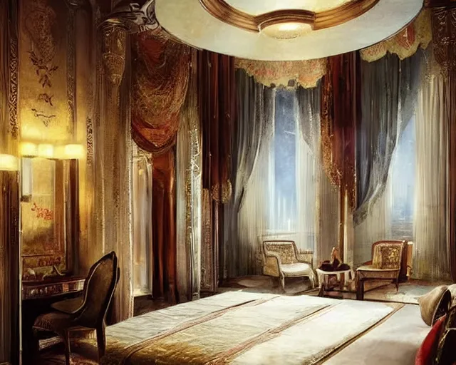 Prompt: a luxury hotel! suite room in the style of imperial! china, art by greg rutkowski and artgerma, stunning! concept art, interior! design