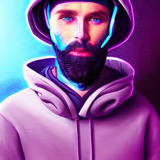 Image similar to a portrait of an ultradetailed futuristic cyberpunk wearing a hoodie on his head, bearded, deep blue eyes, by dylan kowalski, 8 k, purple neon colours, digital painting