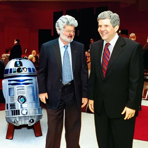 Prompt: george lucas and george w. bush meeting at a starwars convention, photography, realistic, realism, photorealism