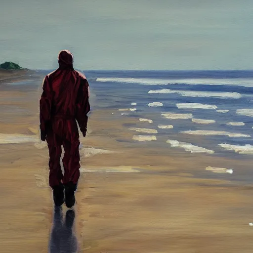 Image similar to a man in a hazmat walking on an abandoned beach, oil painting